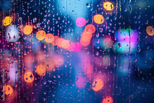 Colorful lights from street lamps illuminate the rain-soaked pavement  creating a mesmerizing visual display that is perfect for artistic projects.