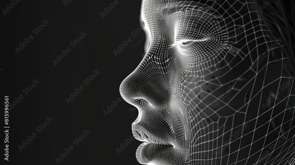 AI facial recognition software in side view A digital face being scanned by AI, capturing identification in technology tone with a black and white color scheme AI facial recognition software in side view A digital face being scanned by AI, capturing identification in technology tone with a black and white color scheme