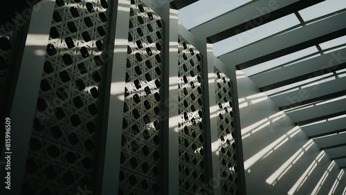 sunlight drop shadow on concrete wall. Modern architectural detail. architecture interior, modern open-air shadow design,