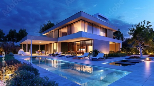 luxurious modern villa with pool and landscaped garden at night architectural visualization © Bijac