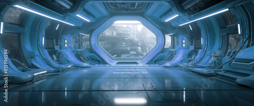 Futuristic light bluish wide empty corridor of a spaceship with large windows view on sci-fi city with a white lighting