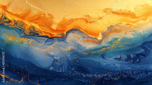Abstract seascape forms, cobalt and saffron hues dancing harmoniously.