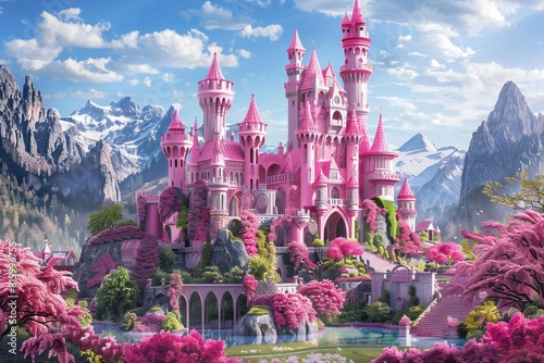 Enchanting Pink Castle in Fairy-tale Landscape