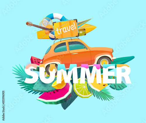 Summer travel illustration with retro car  tropical fruits and plants  white letters. Vacation concept design.