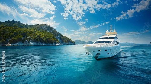 luxurious yacht cruising on calm blue sea enjoying wealthy lifestyle and summer vacation advertising photography © Bijac