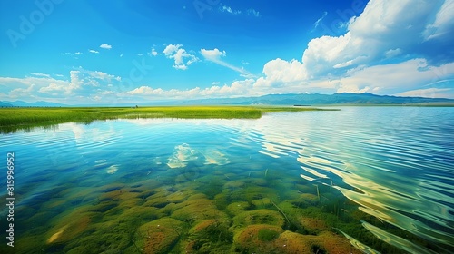 Shimmering Reflection of Qinghai Lake Against Azure Skies and Lush Shores photo