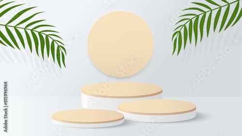 Podium for product display presentation. Podium platform to show product with green leaves on white background. Vector illustration