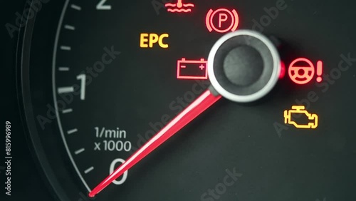 Dashboard with odometer arrow that rises when the vehicle engine is started. Starting the car's engine.