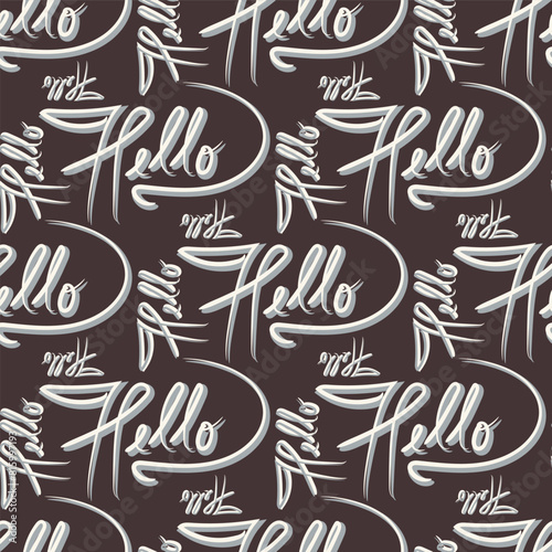 Handwritten word Hello seamless vector pattern background. Cursive welcome text backdrop. All over print with swirly writing. For cafe restaurant menu, hospitality business. © Gaianami  Design