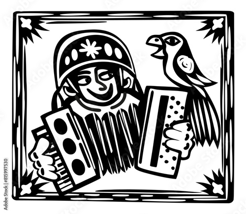 Brazilian cordel style. Accordionist with parrot. Woodcut style.