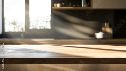 Empty modern coffee kitchen table countertop platform and blurry soft light window and cozy home interior background for product and biseness presentations place for design and product : Generative AI