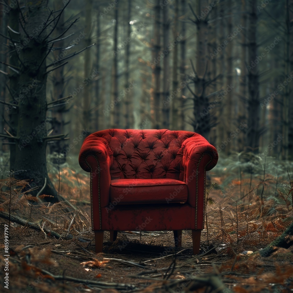 A crimson chair positioned amidst the woodland. Text generation technology A crimson chair positioned amidst the woodland. Text generation technology
