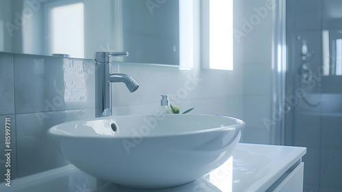 Modern bathroom interior with stylish mirror and vessel sink : Generative AI
