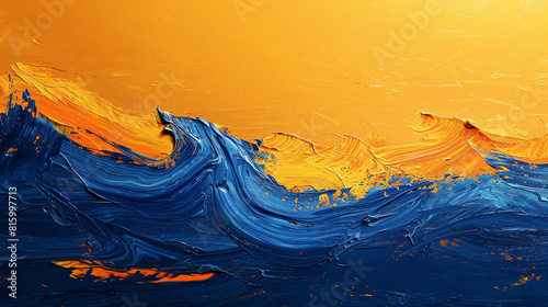 Brushstrokes form an abstract seascape, cobalt and saffron intertwining.
