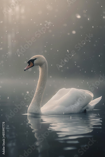 An ethereal image of a graceful swan gliding on misty waters  surrounded by a gentle rain  creating a tranquil and serene atmosphere.