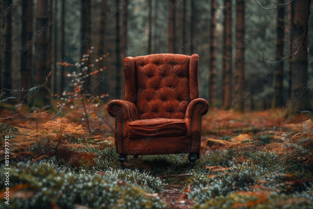 A crimson chair positioned amidst the woodland. Text generation technology A crimson chair positioned amidst the woodland. Text generation technology