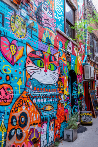A quirky street art alley adorned with vibrant murals  graffiti tags  and urban artworks  showcasing the creativity and expression of local artists in a colorful and dynamic outdoor gallery. 