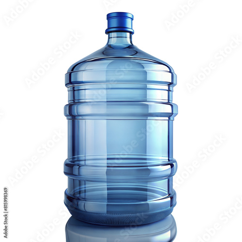 A transparent blue water container with ribbed sides stands upright on a reflective surface, well-lit in a studio setting
