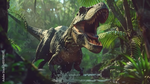 majestic dinosaur roaring in a prehistoric jungle realistic 3d illustration