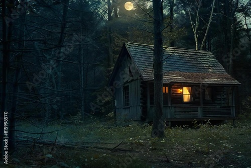 Mysterious Abandoned Cabin in Moonlit Woods