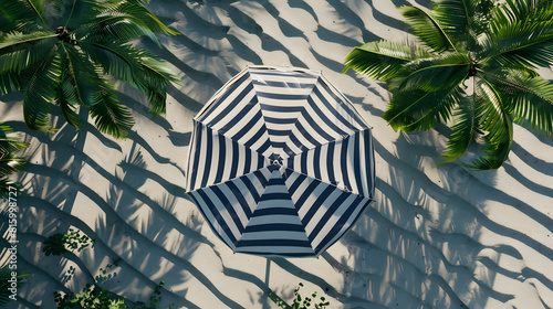 Beautiful beach with palm trees, top view. Beach umbrella and towel on the sand, sunlight, summer vacation concept