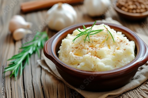 Bowl of fluffy mashed potatoes sprinkled with herbs, perfect comfort food on a wooden background