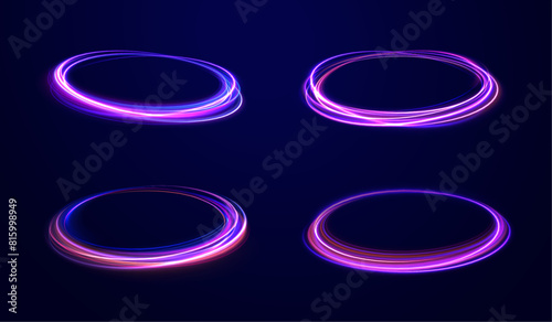 Neon flare. Colorful rays. Abstract fire flare trace lens flares acceleration speed motion on night road.