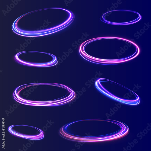 Neon flare. Colorful rays. Abstract fire flare trace lens flares acceleration speed motion on night road.