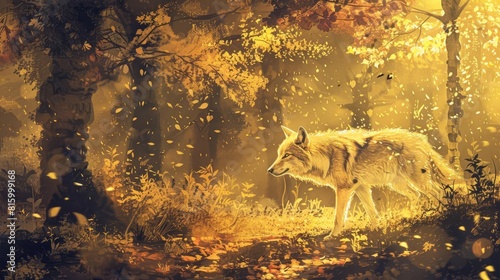 majestic golden wolf prowling through shimmering autumnal forest digital painting photo