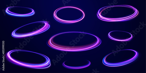 Neon flare. Colorful rays. Abstract fire flare trace lens flares acceleration speed motion on night road.