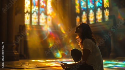 Sacred Moment of Devotion: Woman Praying to Saint Hedwig in Stained Glass Glow