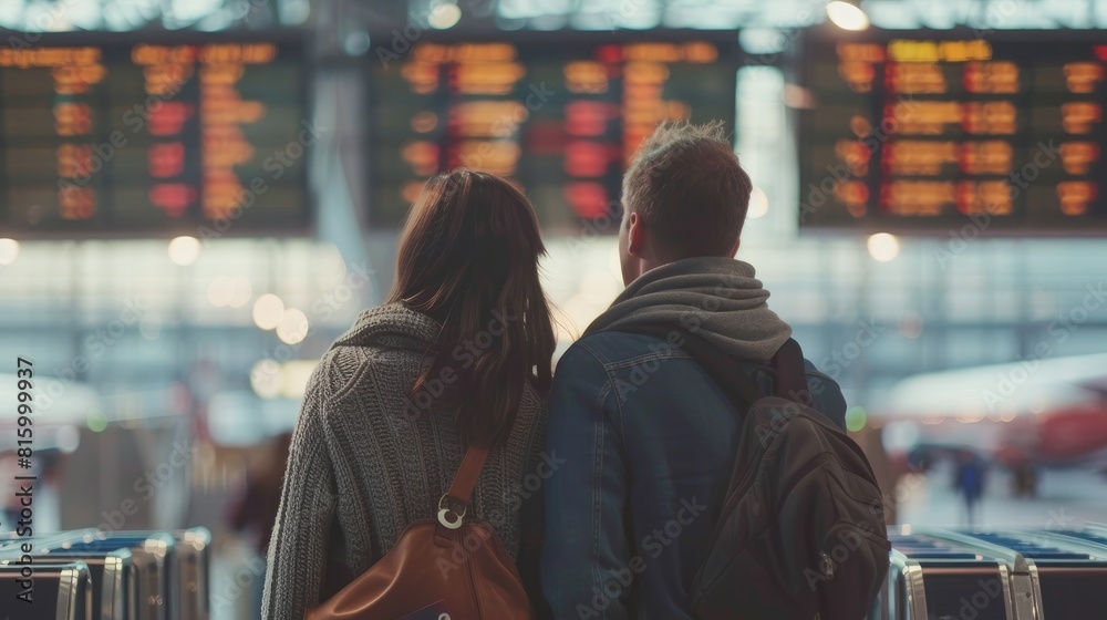 Couple traveling and looking at the flight schedule at the airport, Attractive couple in an airport Couple traveling and looking at the flight schedule at the airport, Attractive couple in an airport