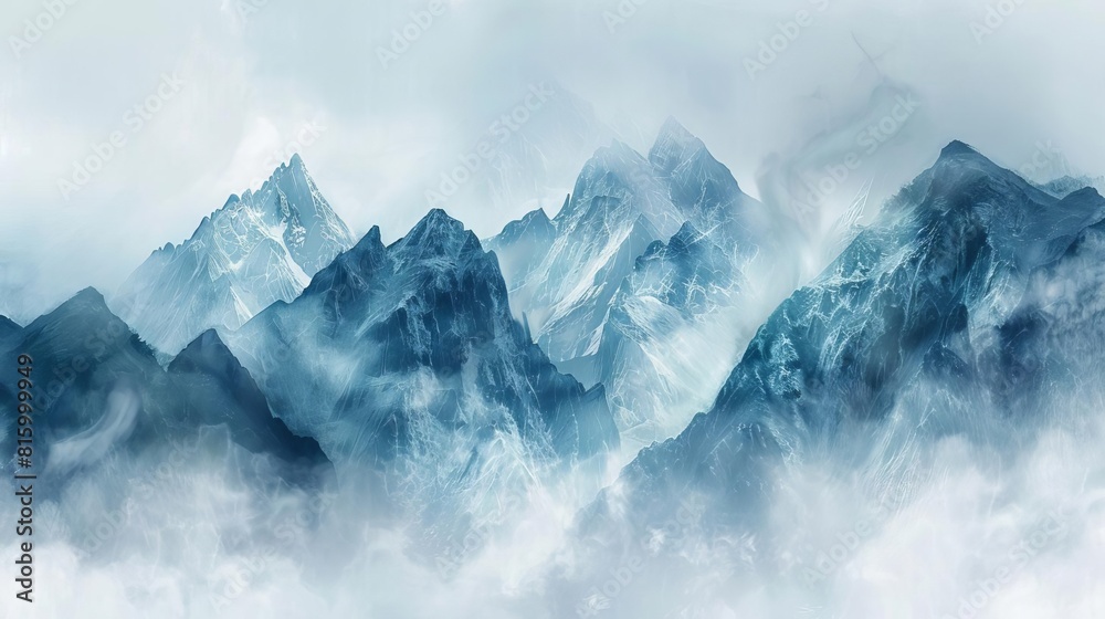 majestic mountain peaks emerging through soft fog captivating tranquil landscape digital painting