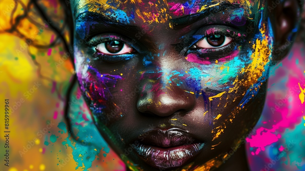 Close-Up Portrait of African Woman Amid Colorful Paint Splashes