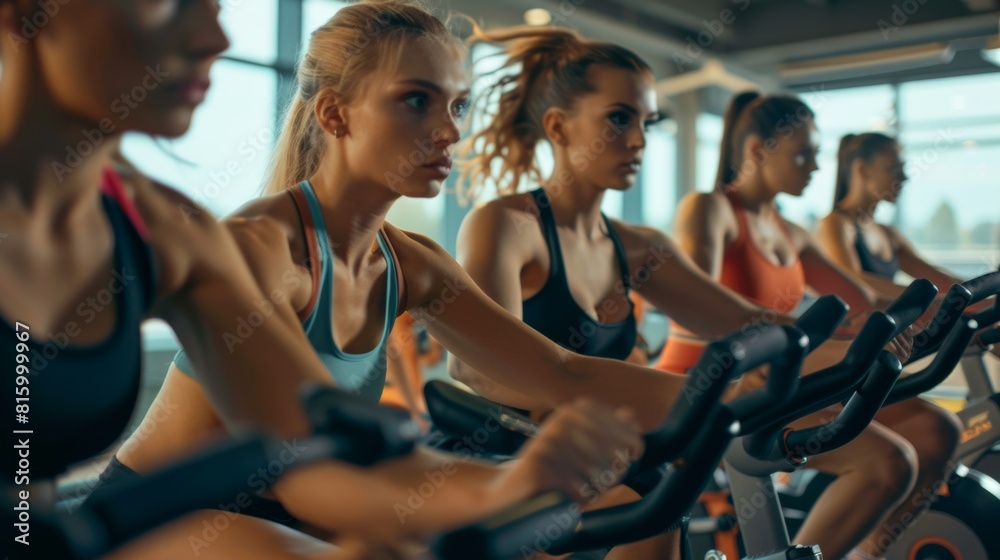 Group of focused women exercising on stationary bikes in a fitness class at the gym, showcasing healthy lifestyle and teamwork. Group of focused women exercising on stationary bikes in a fitness class at the gym, showcasing healthy lifestyle and teamwork.