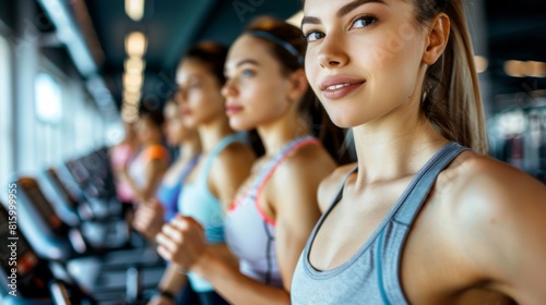 Group of focused women using treadmills at a gym  engaging in fitness routines  with a healthy active lifestyle concept.