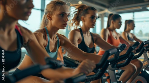 Group of focused women exercising on stationary bikes in a fitness class at the gym, showcasing healthy lifestyle and teamwork.