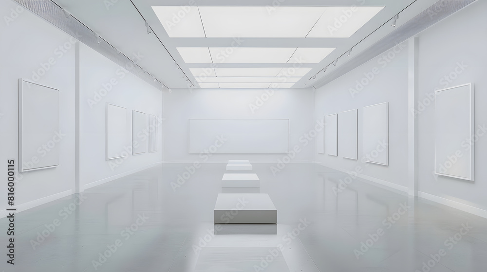 Gallery interior empty frames on wall Art gallery empty interior room with white walls floor and lights for pictures presentation photography contest exhibition hall Realistic mock up : Generative AI