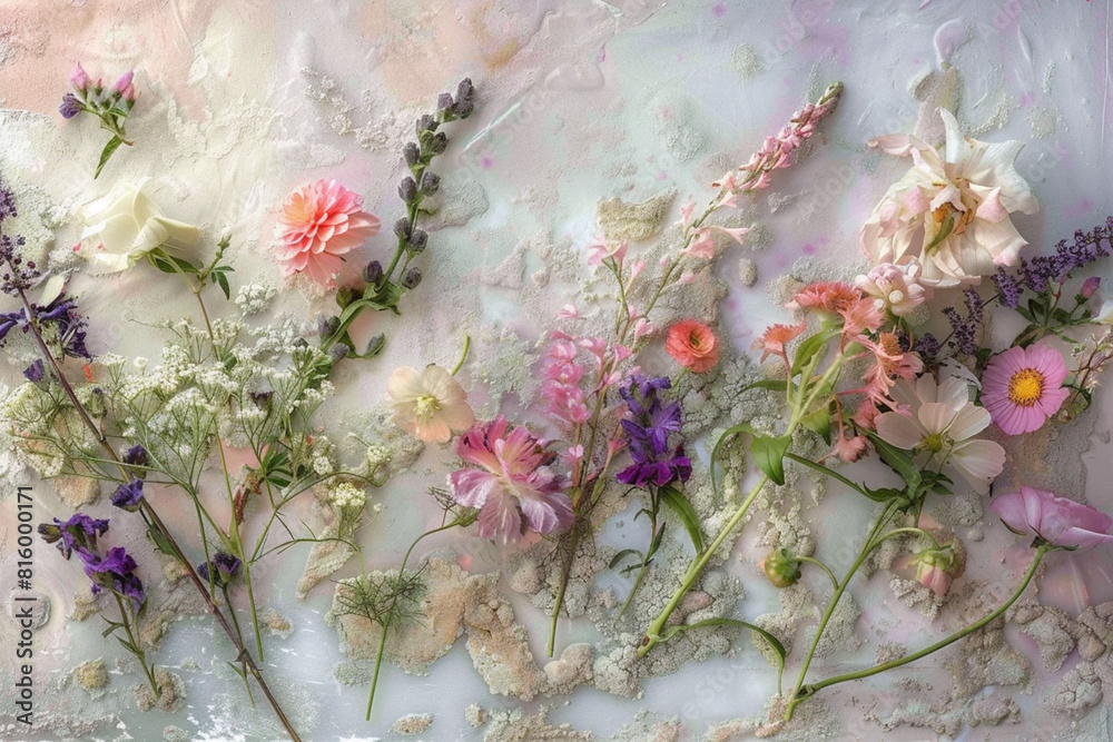 Composition of wildflowers and garden flowers in flat lay style. Natural shapes and subtle colors on a pastel canvas Composition of wildflowers and garden flowers in flat lay style. Natural shapes and subtle colors on a pastel canvas