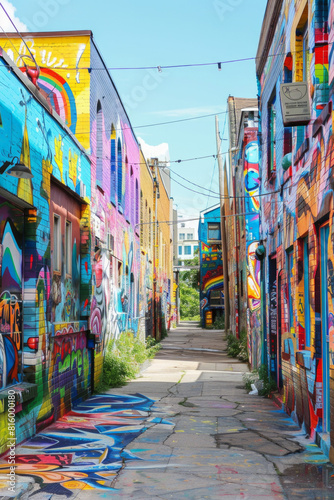 A quirky street art alley adorned with vibrant murals, graffiti tags, and urban artworks, showcasing the creativity and expression of local artists in a colorful and dynamic outdoor gallery. 