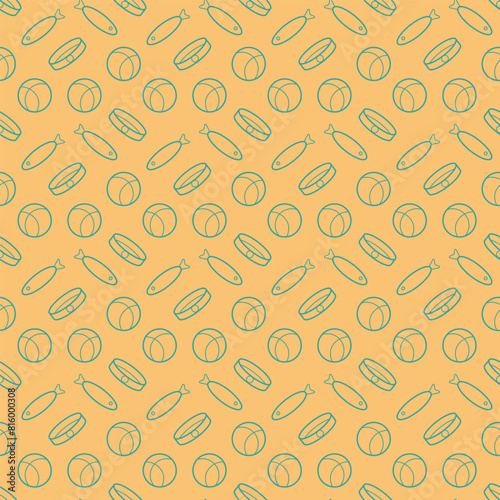 Seamless pattern with a collar, ball, fish. Doodle vector outline illustration.