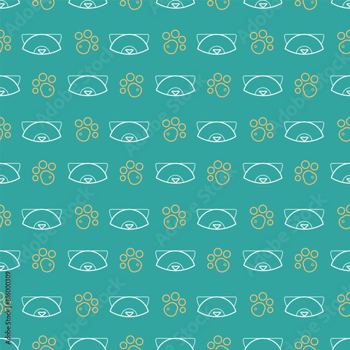 Seamless pattern with a cats muzzle and paw. Doodle vector outline illustration.