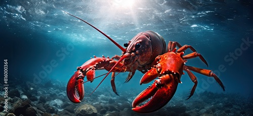 Vibrant Red Lobster Amidst Blue Ocean Waters and Grey Rocks