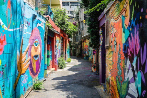 A quirky street art alley adorned with vibrant murals, graffiti tags, and urban artworks, showcasing the creativity and expression of local artists in a colorful and dynamic outdoor gallery.  © grey