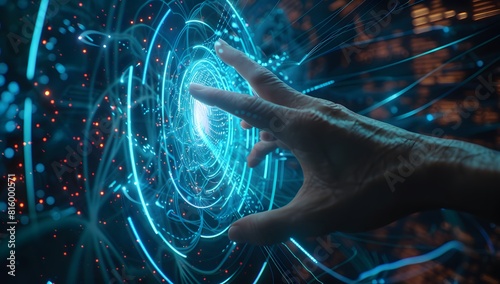 human hand reaching or touching the center of an abstract futuristic digital hologram with lines and circles in the style of technology background concep