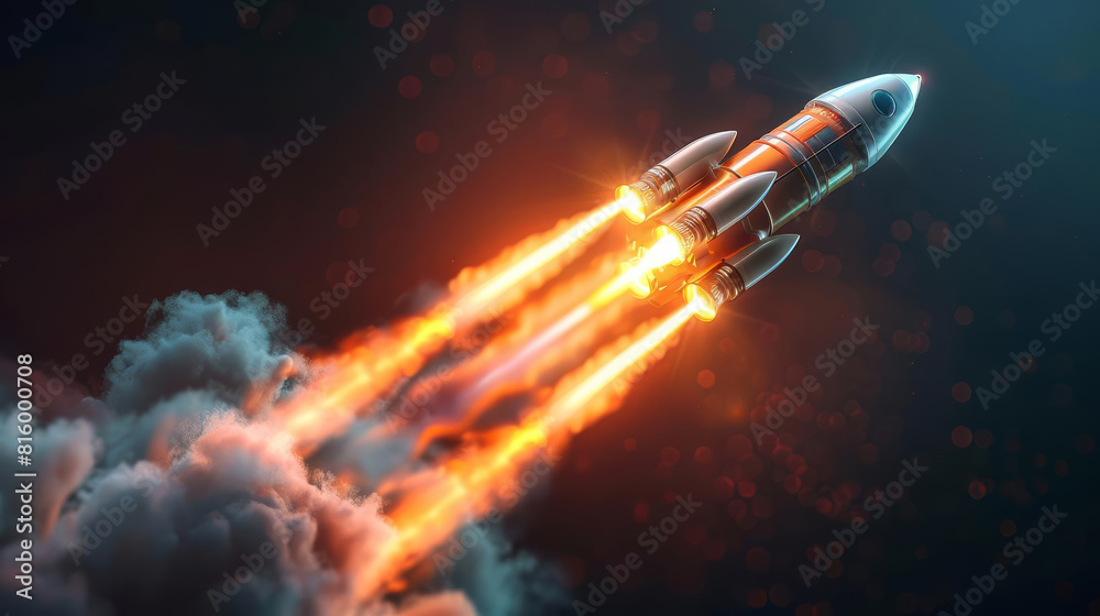 Fototapeta premium Futuristic image of a rocket taking off with glowing trails, representing progress and advancement