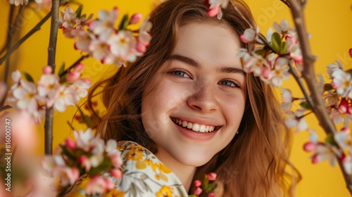 Spring Blossom Beauty: Smiling Young Woman in Floral Attire