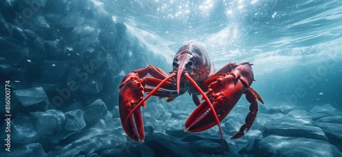 Vibrant Red Lobster Amidst Blue Ocean Waters and Grey Rocks