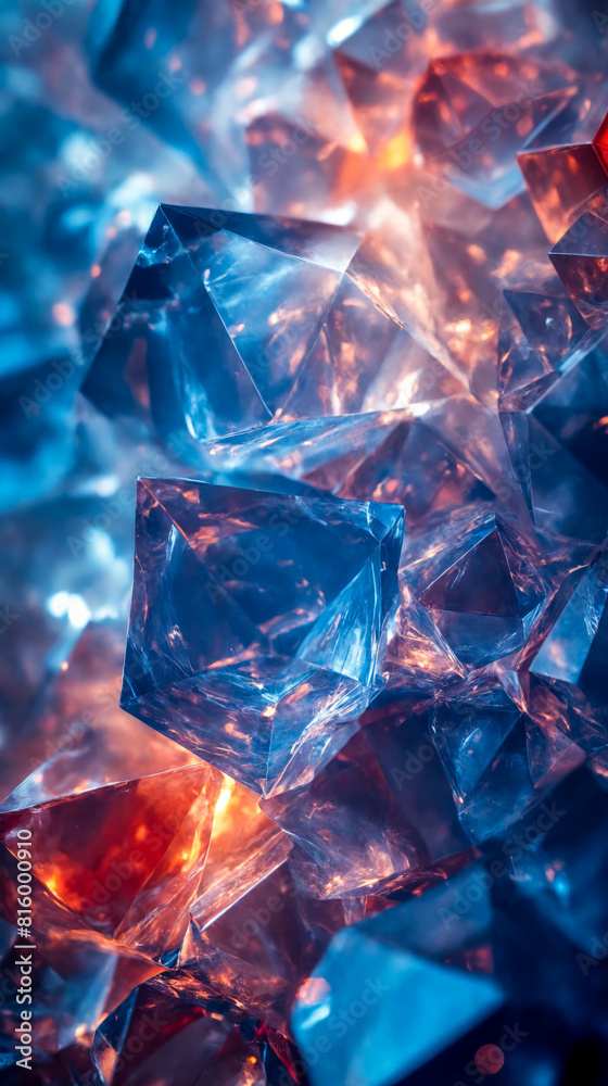 A group of ice cubes of different shapes and sizes in blue and red light.