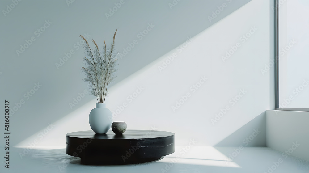 Aesthetic interior of living room with copy space white wall round black coffee table simple console with stylish accessories Home decor Template : Generative AI Aesthetic interior of living room with copy space white wall round black coffee table simple console with stylish accessories Home decor Template : Generative AI